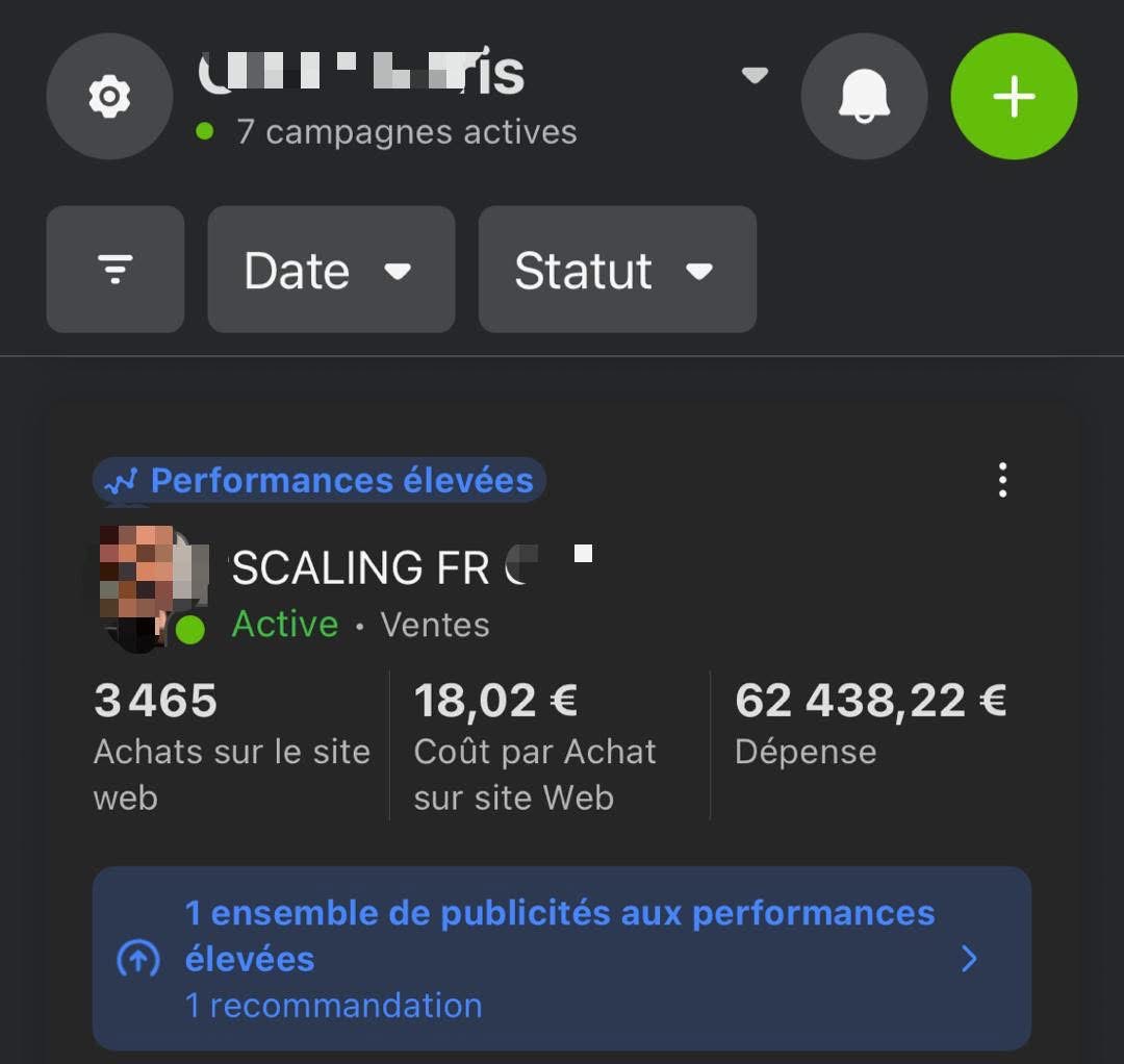 Tableau Meta Ads affichant 3 465 achats, un coût par achat de 18,02 euros et 62 438,22 euros dépensés